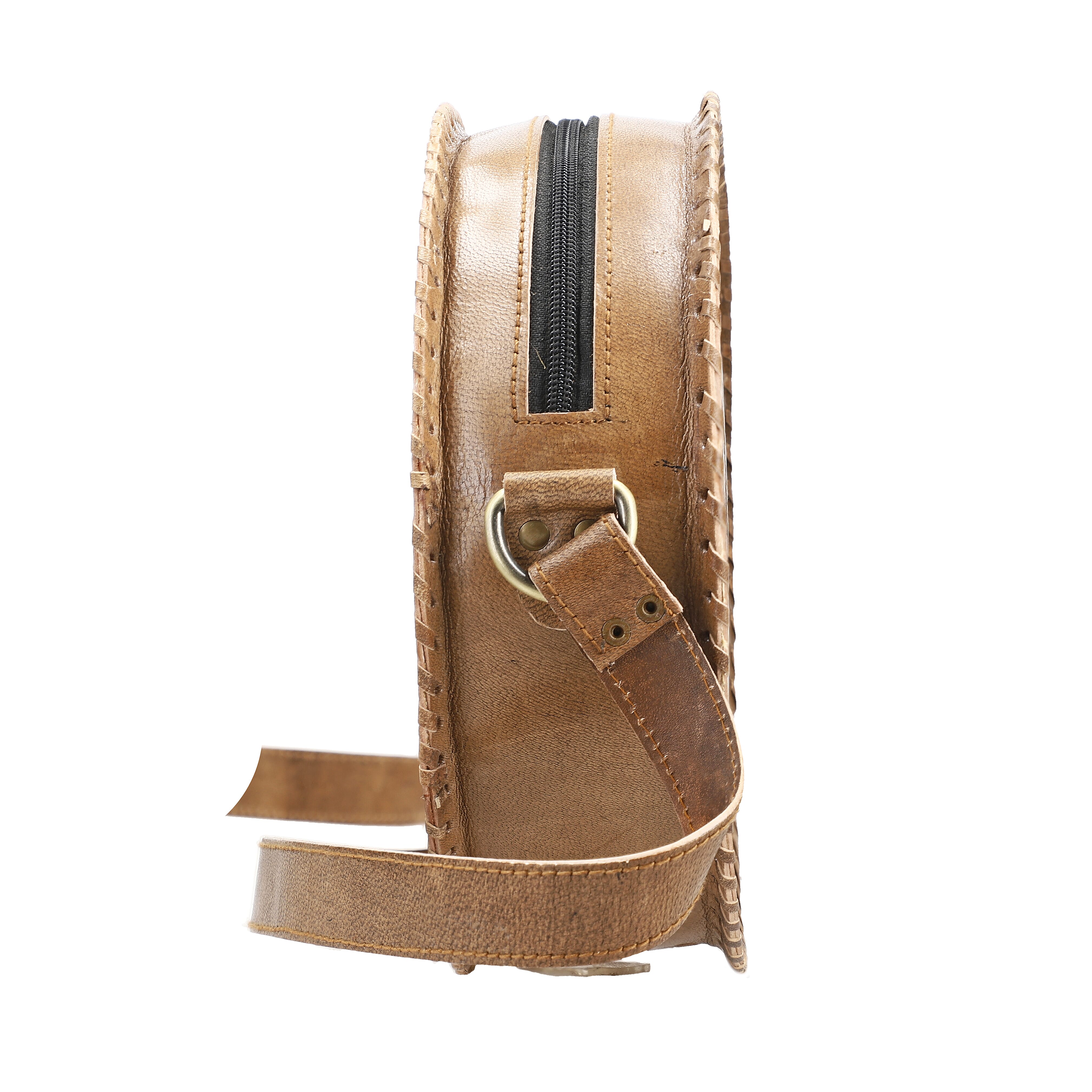 Tan Lotus Pattern Genuine Leather Round Embossed Sling Bag with Adjustable Shoulder Strap