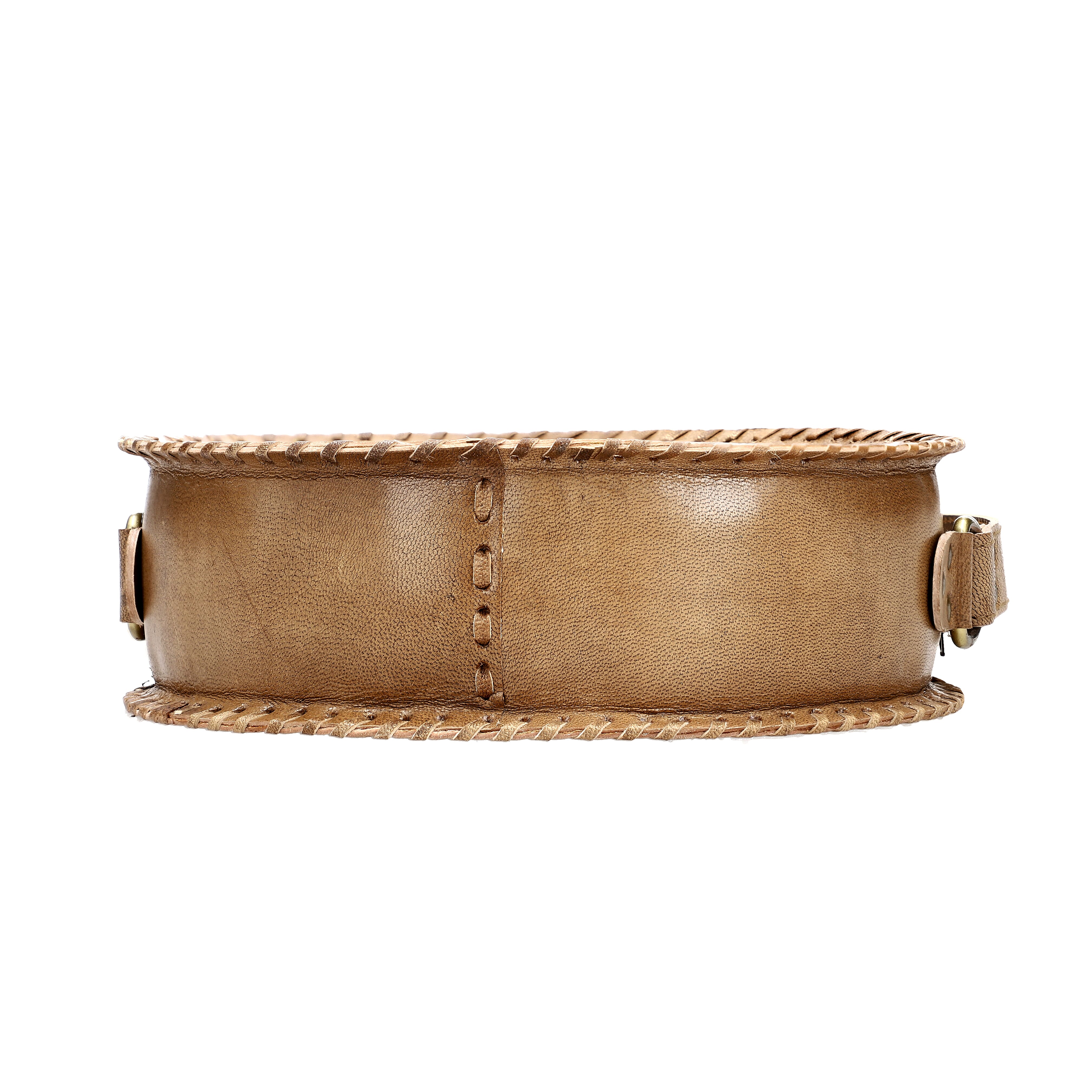 Tan Lotus Pattern Genuine Leather Round Embossed Sling Bag with Adjustable Shoulder Strap