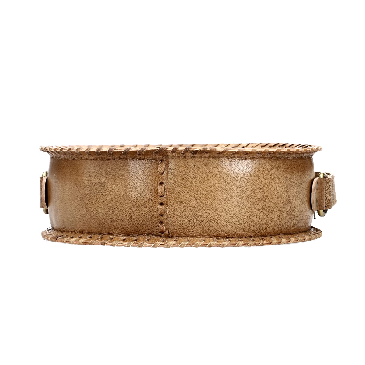 Tan Lotus Pattern Genuine Leather Round Embossed Sling Bag with Adjustable Shoulder Strap image number 8