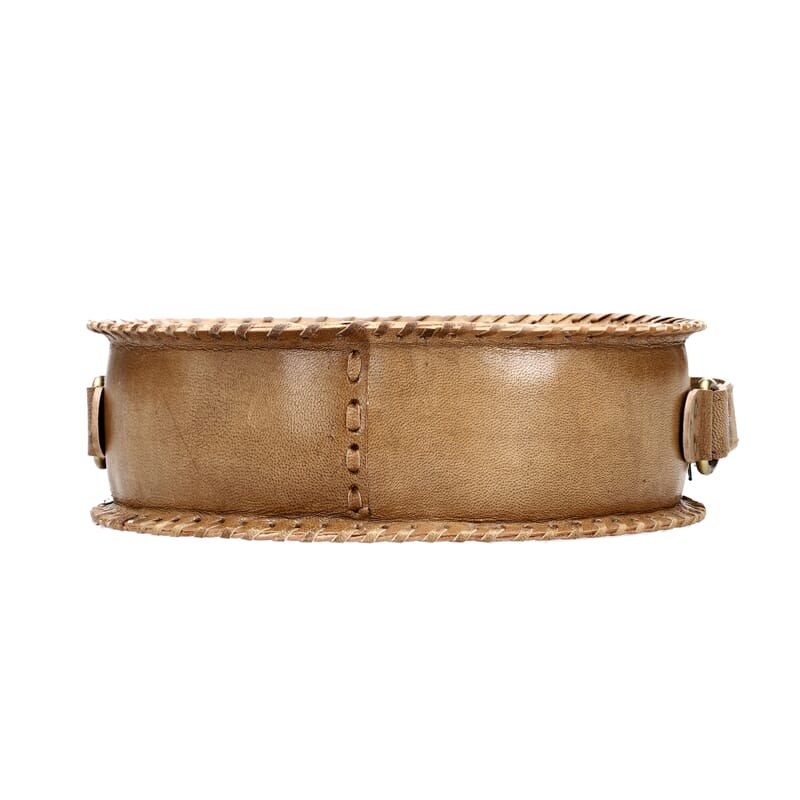 Tan Lotus Pattern Genuine Leather Round Embossed Sling Bag with Adjustable Shoulder Strap