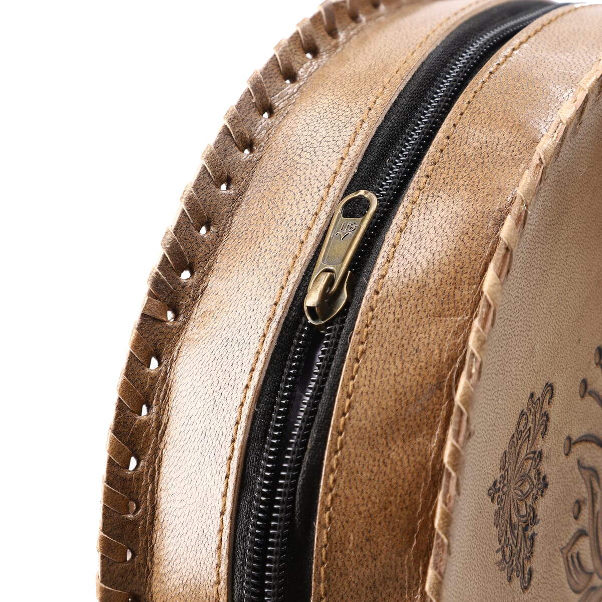 Tan Lotus Pattern Genuine Leather Round Embossed Sling Bag with Adjustable Shoulder Strap image number 9