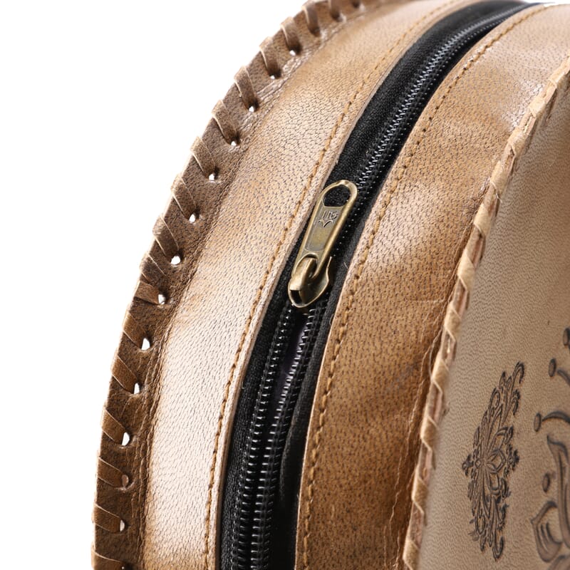 Tan Lotus Pattern Genuine Leather Round Embossed Sling Bag with Adjustable Shoulder Strap
