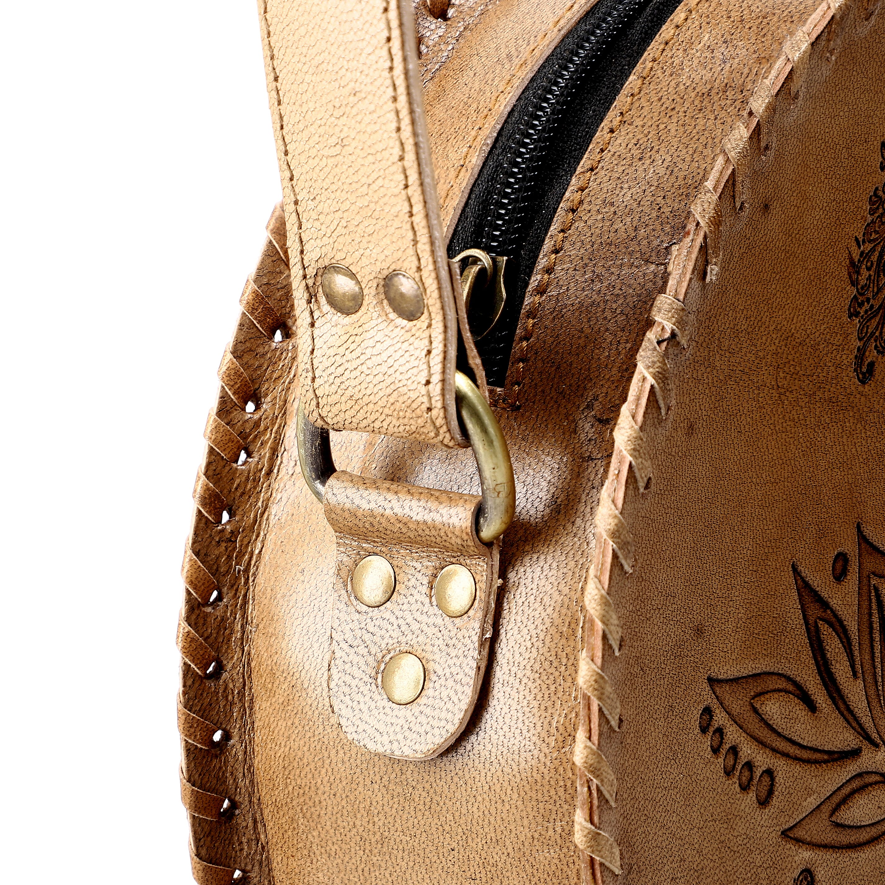 Tan Lotus Pattern Genuine Leather Round Embossed Sling Bag with Adjustable Shoulder Strap