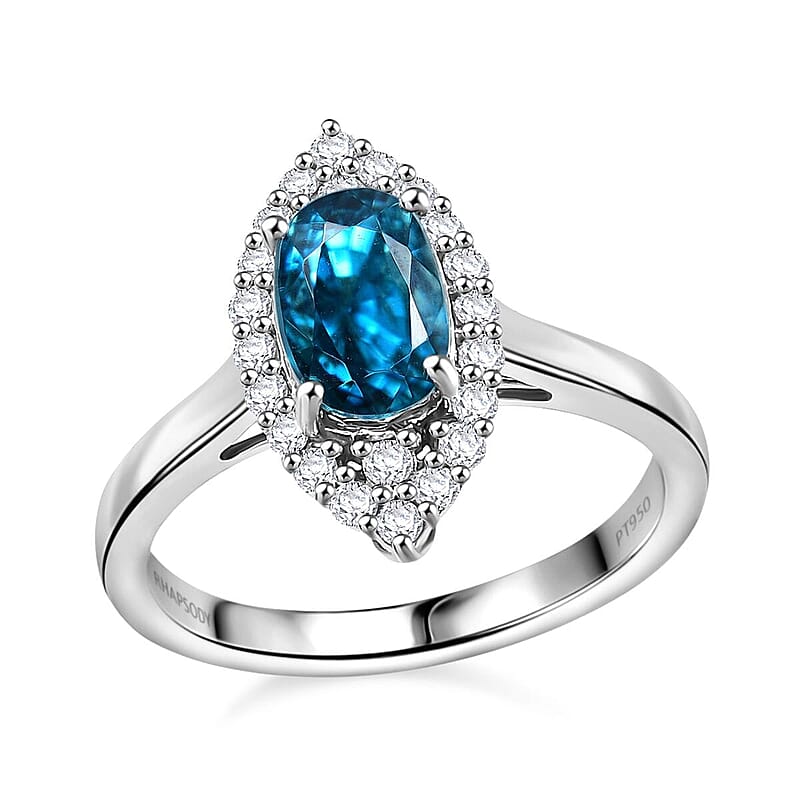 Rhapsody AAAA Ratanakiri Blue Zircon and E-F VS Diamond 4.85 ctw Ring in 950 Platinum (Size 10.0) 6.55 Grams