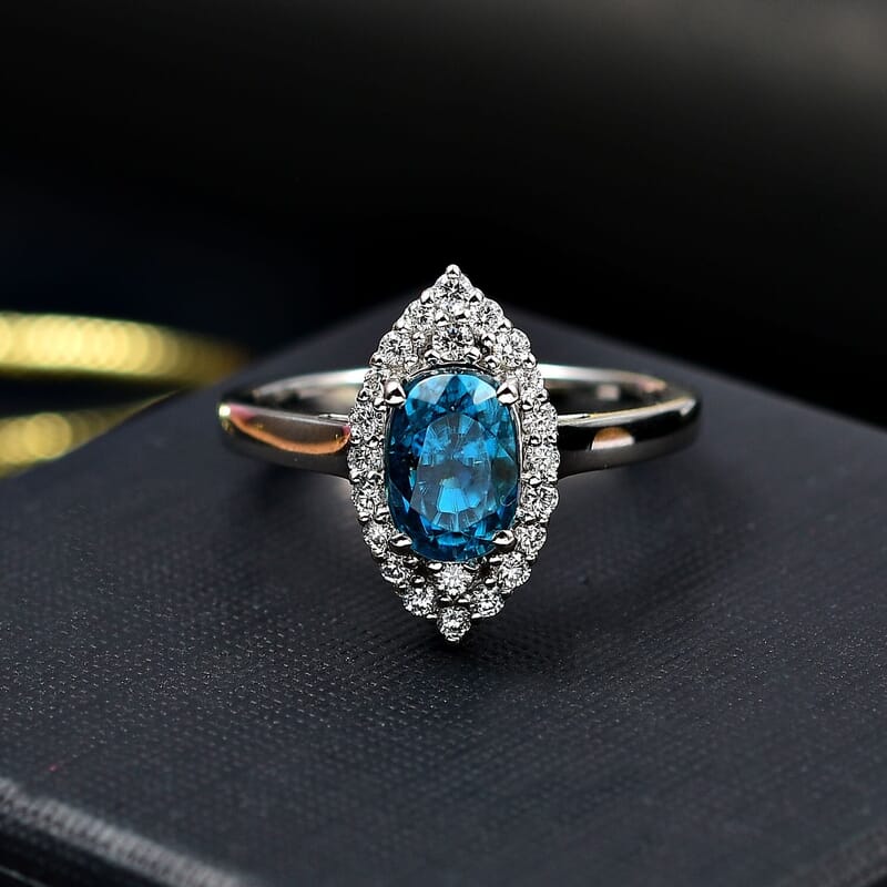 Rhapsody AAAA Ratanakiri Blue Zircon and E-F VS Diamond 4.85 ctw Ring in 950 Platinum (Size 10.0) 6.55 Grams
