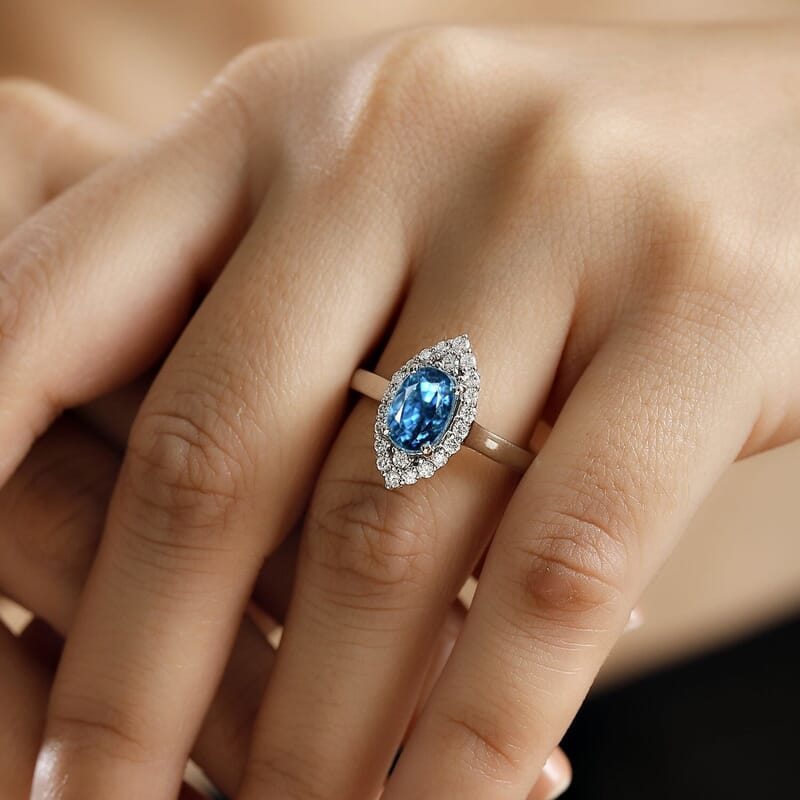Rhapsody AAAA Ratanakiri Blue Zircon and E-F VS Diamond 4.85 ctw Ring in 950 Platinum (Size 10.0) 6.55 Grams