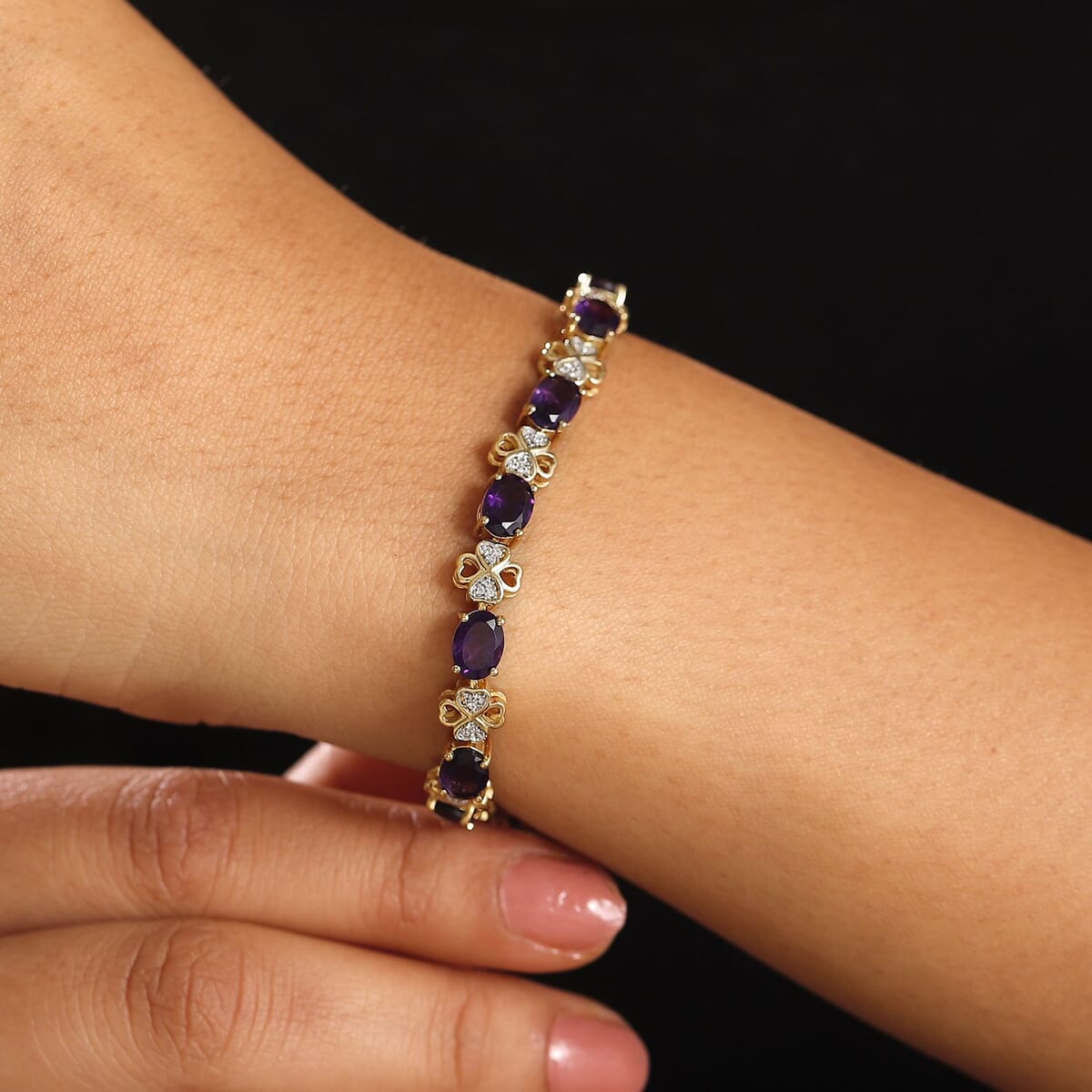 GP Amore Collection African Amethyst and White Zircon 9.50 ctw Bracelet in 18K Vermeil Yellow Gold Over Sterling Silver (6.50 In) image number 2