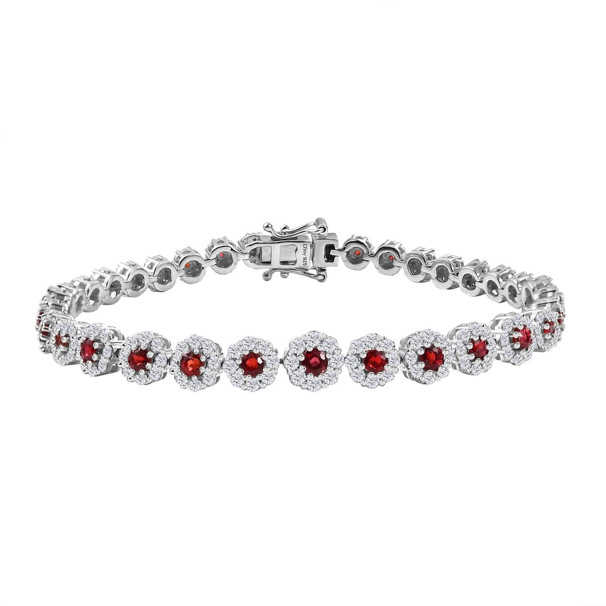 Premium Red Sapphire and Moissanite 7.40 ctw Floral Halo Bracelet in Rhodium Over Sterling Silver (8.00 In) image number 0