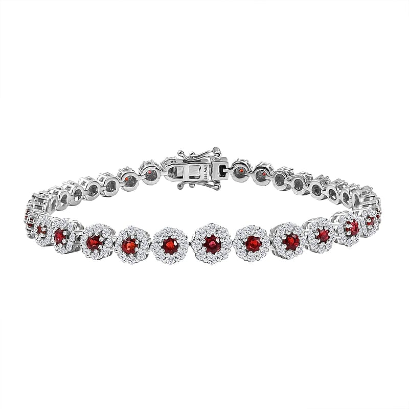 D'Joy Premium Red Sapphire and Moissanite 7.40 ctw Floral Halo Bracelet in Rhodium Over Sterling Silver (8.00 In)