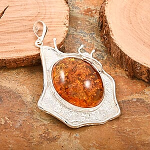 Baltic Amber Oval Shape Pendant without Chain in Sterling Silver
