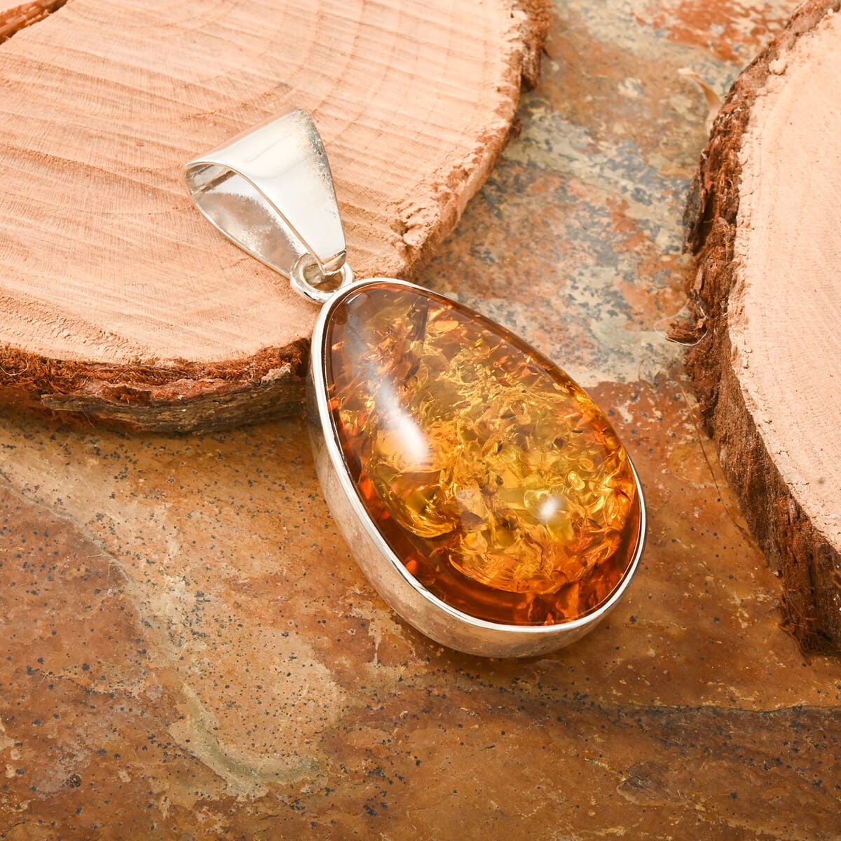 Baltic Amber Drop Shape Pendant without Chain in Sterling Silver image number 1