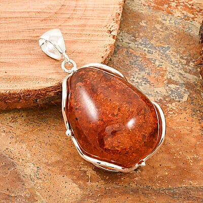 Baltic Amber Sunset Drop Shape Pendant without Chain in Sterling Silver