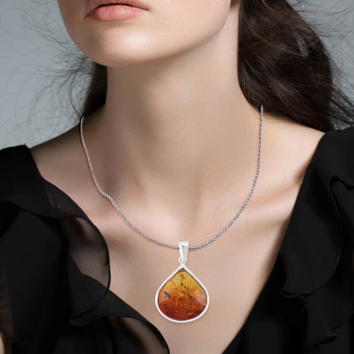 Baltic Amber Fancy Shape Pendant in Sterling Silver image number 2