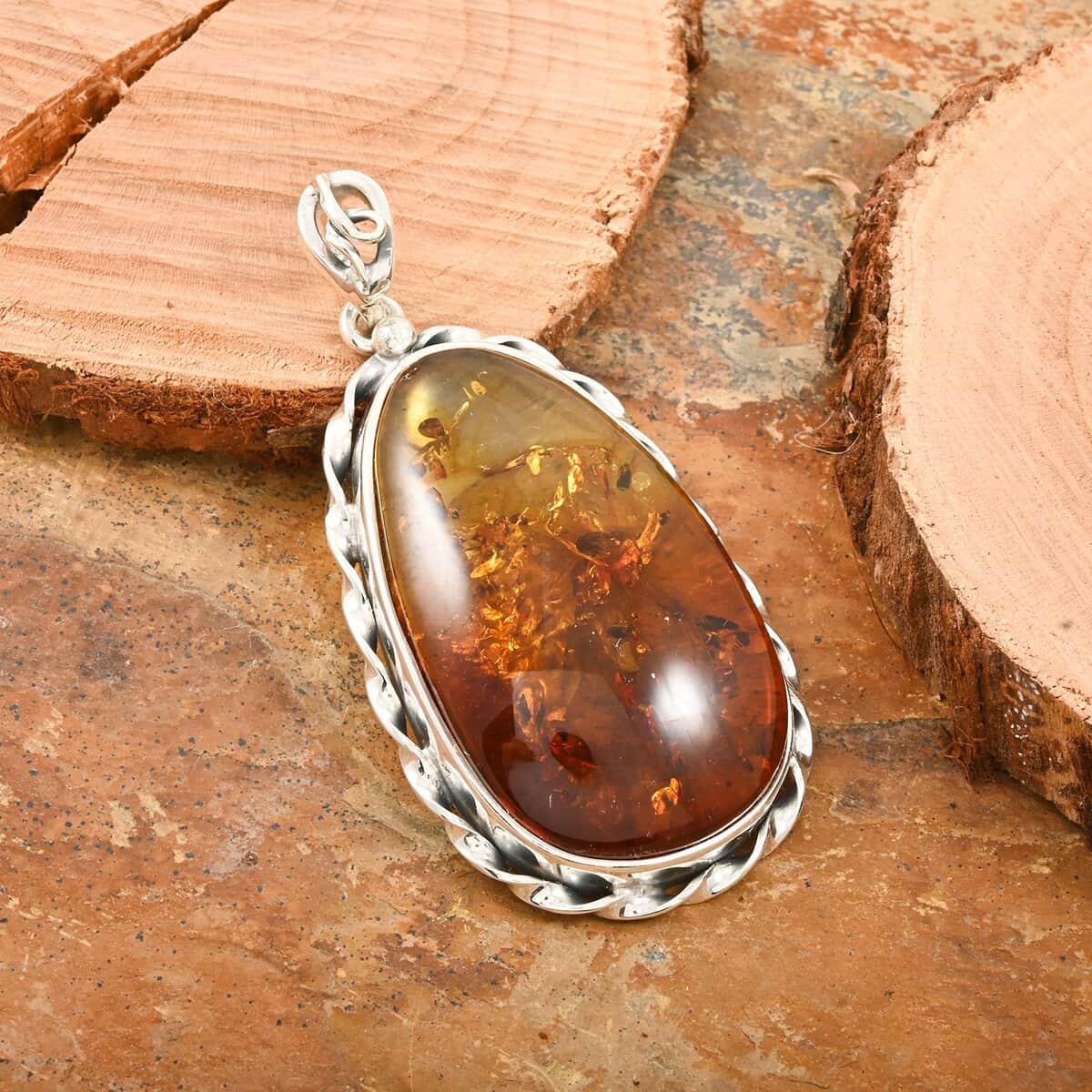 Baltic Amber Fancy Shape Pendant in Sterling Silver image number 1