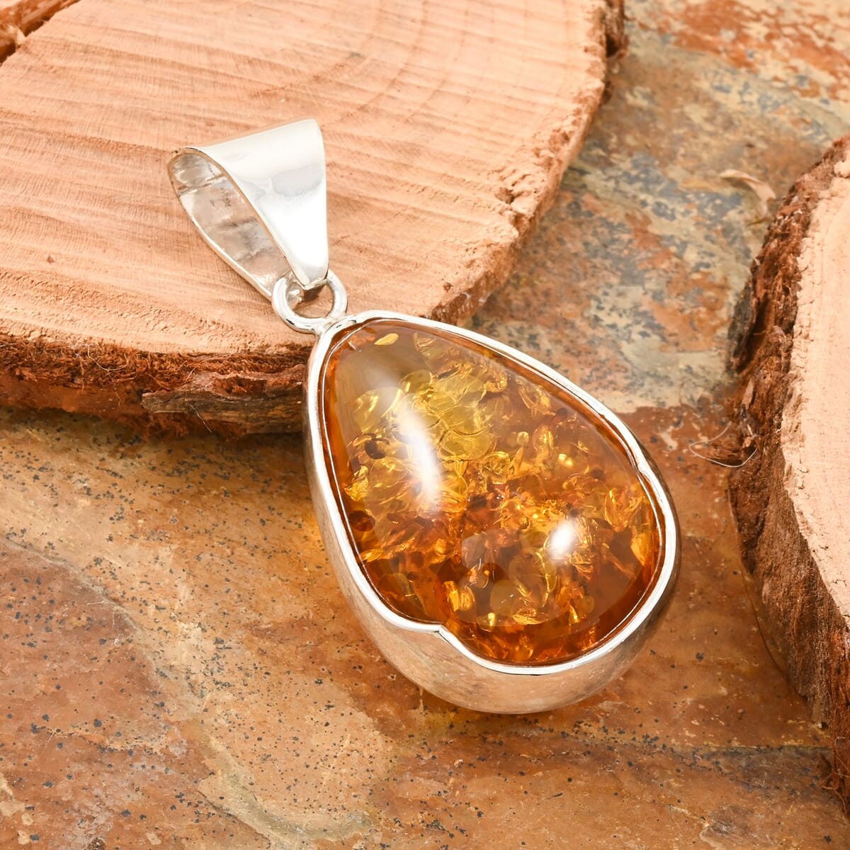 Baltic Amber Drop Shape Pendant without Chain in Sterling Silver image number 1