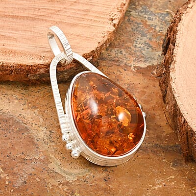 Natural Baltic Amber Drop Shape Pendant without Chain in Sterling Silver