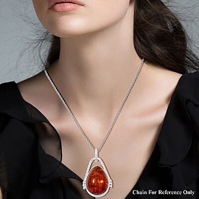 Natural Baltic Amber Drop Shape Pendant without Chain in Sterling Silver