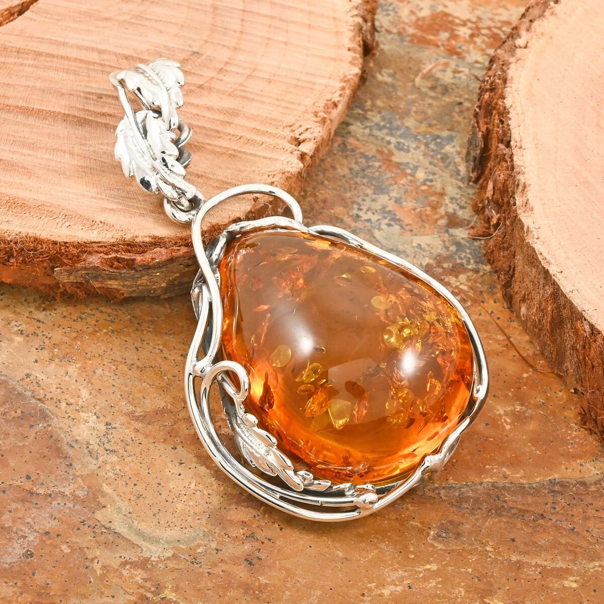 Baltic Amber Drop Shape Designer Pendant without Chain in Sterling Silver image number 1
