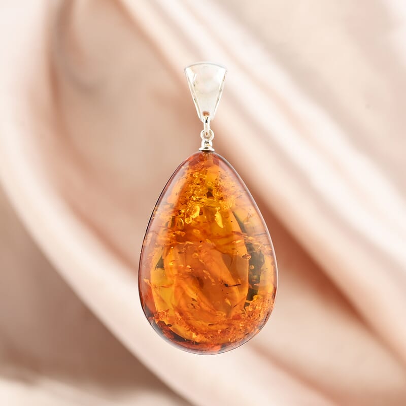 Baltic Amber Aura Drop Shape Pendant without Chain in Sterling Silver