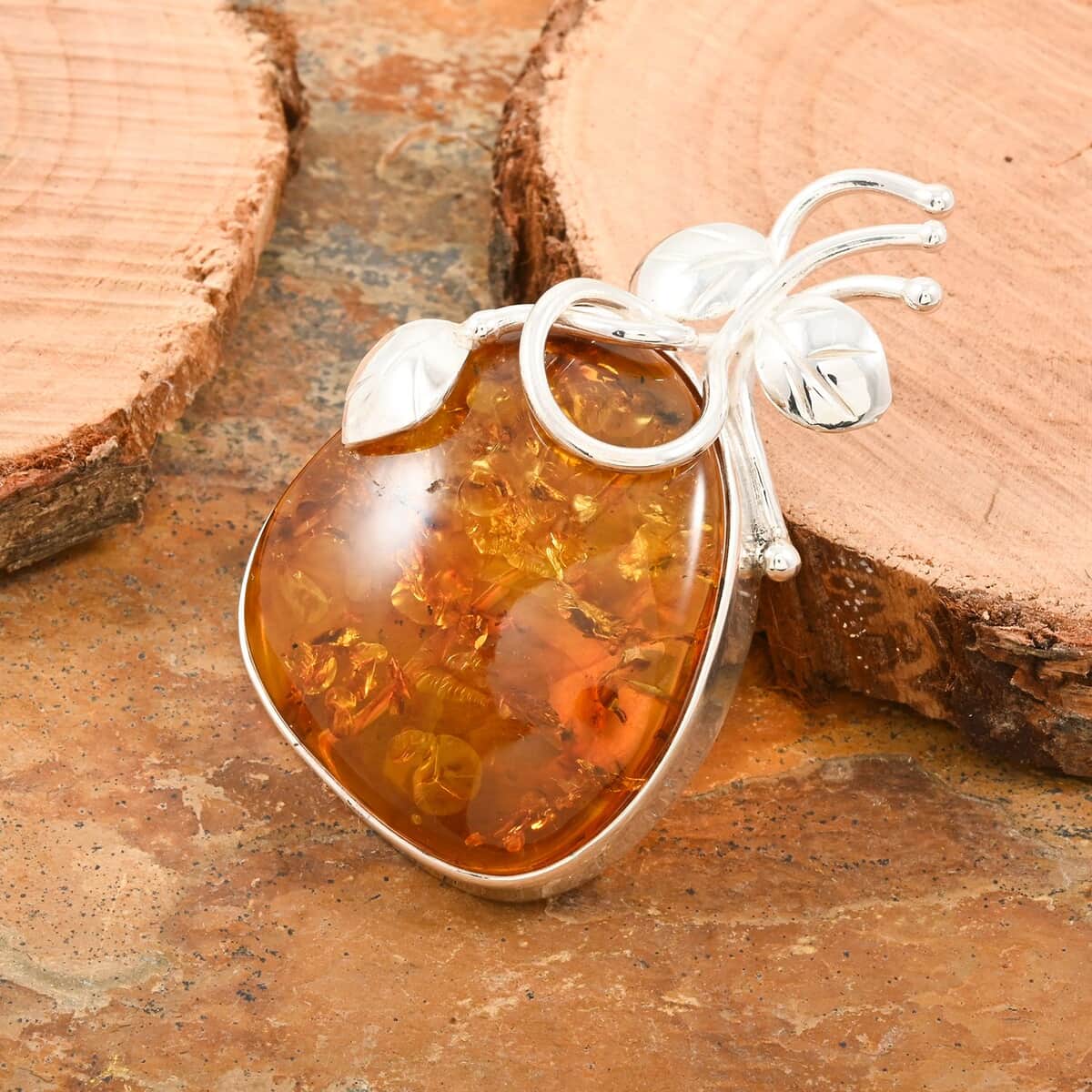 Baltic Amber Fancy Shape Designer Brooch in Sterling Silver image number 1