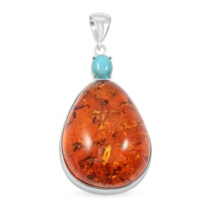 Baltic Amber and Sleeping Beauty Turquoise 1.15 ctw Pendant without Chain in Sterling Silver