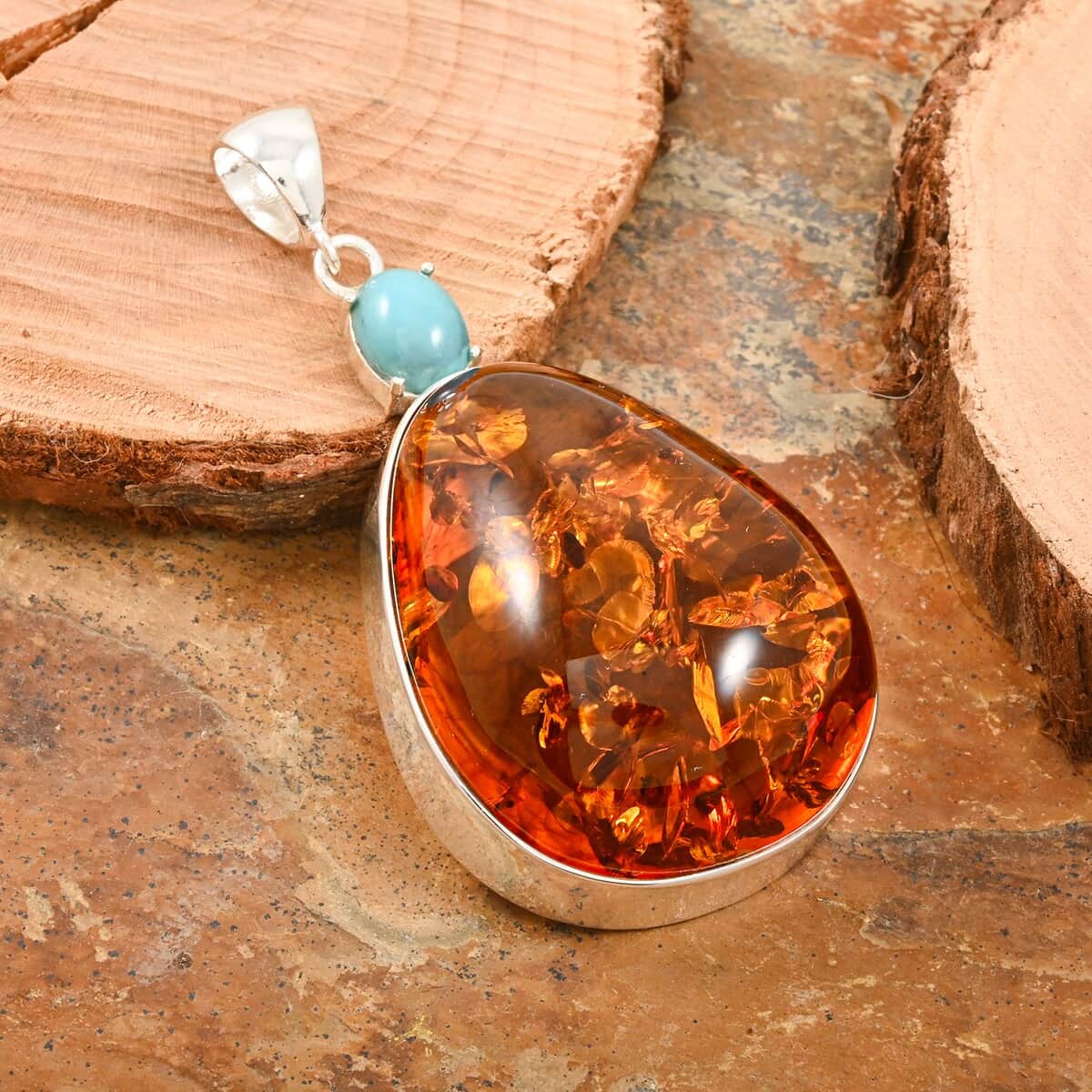 Baltic Amber and Sleeping Beauty Turquoise 1.15 ctw Pendant in Sterling Silver image number 1