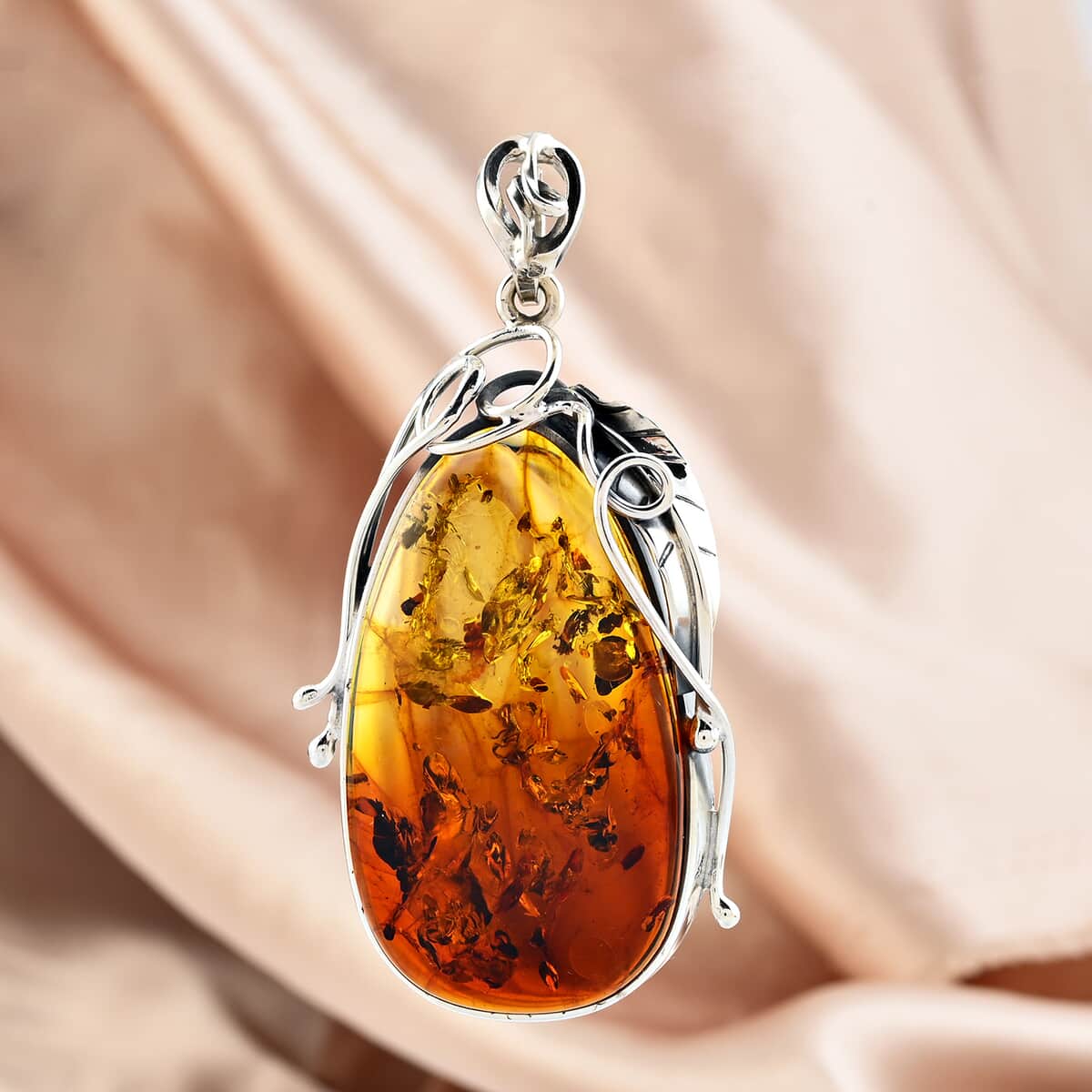 Baltic Amber Fancy Shape Designer Pendant in Sterling Silver image number 1