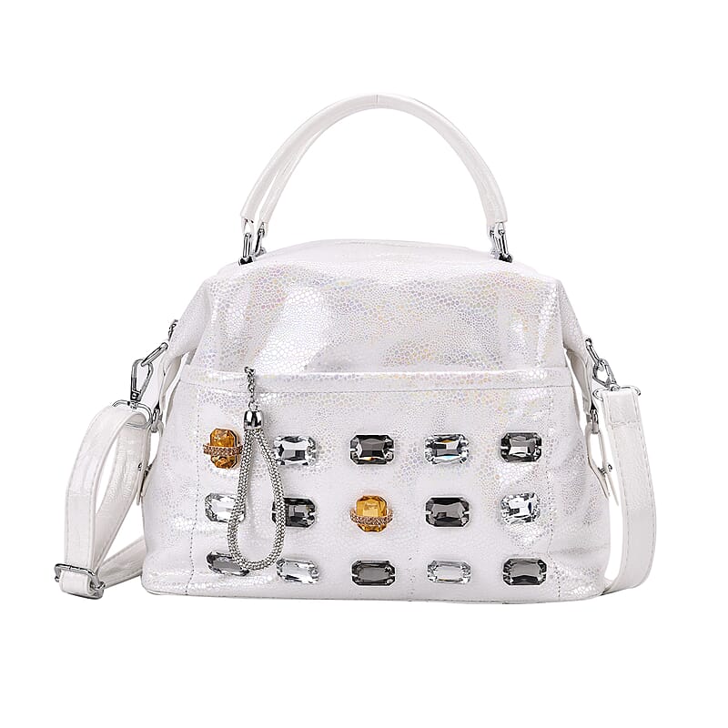 White Faux Leather Crossbody Bag with Rhinestone and Shoulder Strap