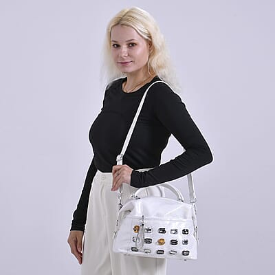 White Faux Leather Crossbody Bag with Rhinestone and Shoulder Strap