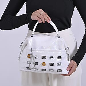 White Faux Leather Crossbody Bag with Rhinestone and Shoulder Strap