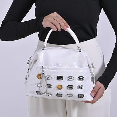 White Faux Leather Crossbody Bag with Rhinestone and Shoulder Strap