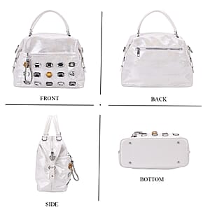 White Faux Leather Crossbody Bag with Rhinestone and Shoulder Strap