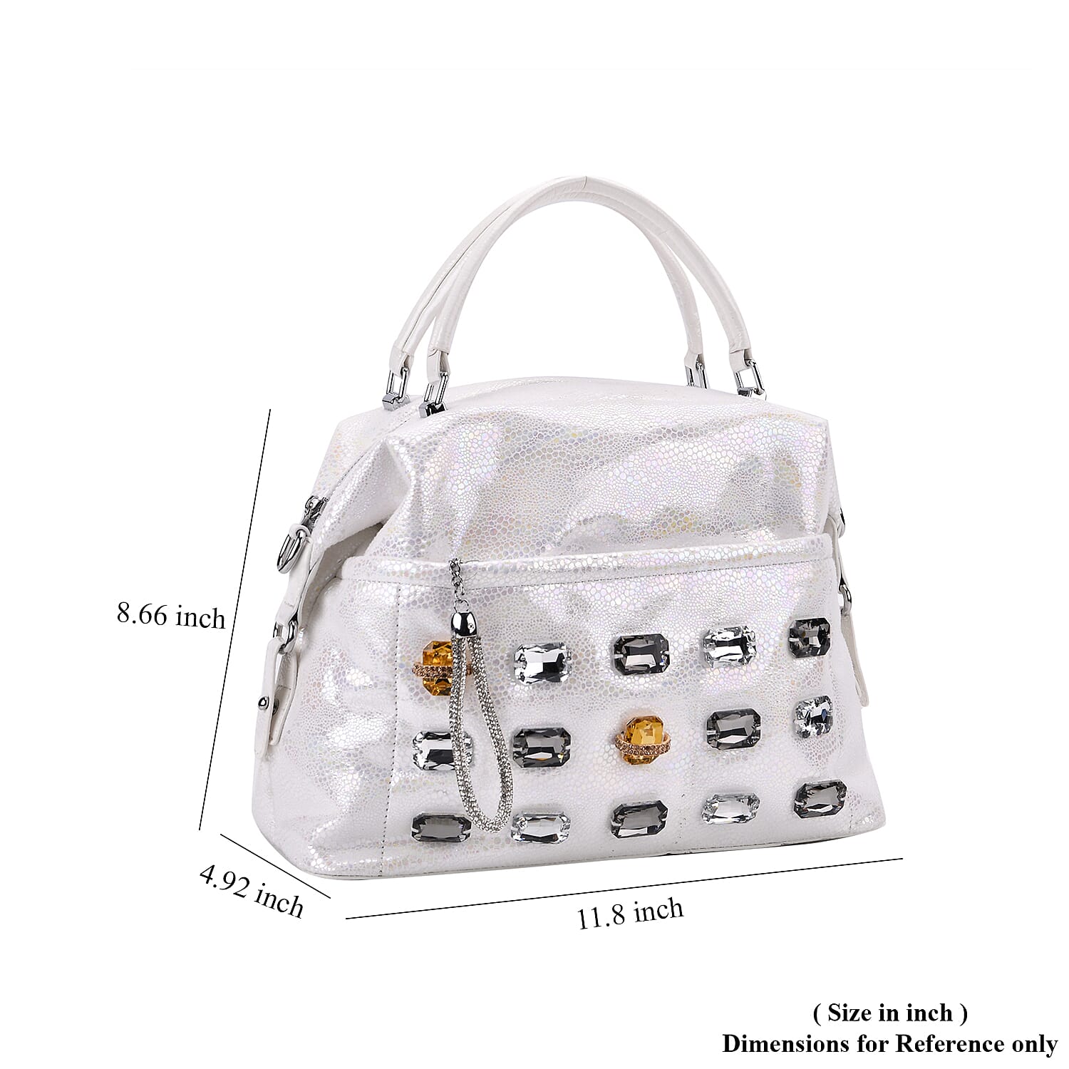 White Faux Leather Crossbody Bag with Rhinestone and Shoulder Strap