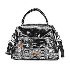 Silver Faux Leather Crossbody Bag with Rhinestone and Shoulder Strap