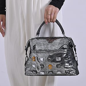 Silver Faux Leather Crossbody Bag with Rhinestone and Shoulder Strap