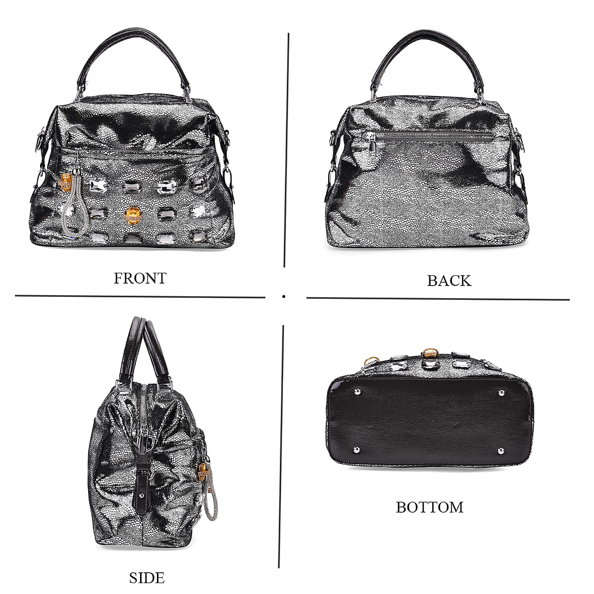 Silver Faux Leather Crossbody Bag with Rhinestone and Shoulder Strap image number 3