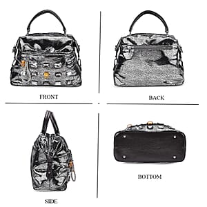 Silver Faux Leather Crossbody Bag with Rhinestone and Shoulder Strap