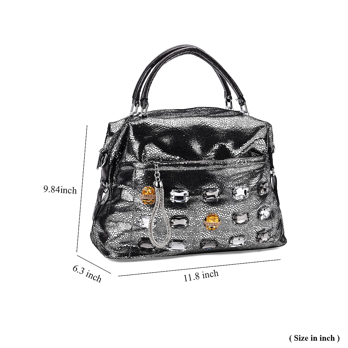 Silver Faux Leather Crossbody Bag with Rhinestone and Shoulder Strap image number 6