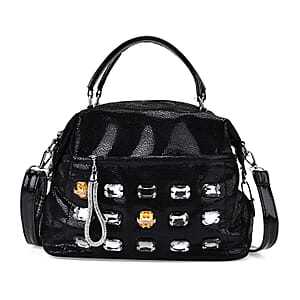 Black Faux Leather Crossbody Bag (11.8x4.92x8.66) with Rhinestone and Shoulder Strap