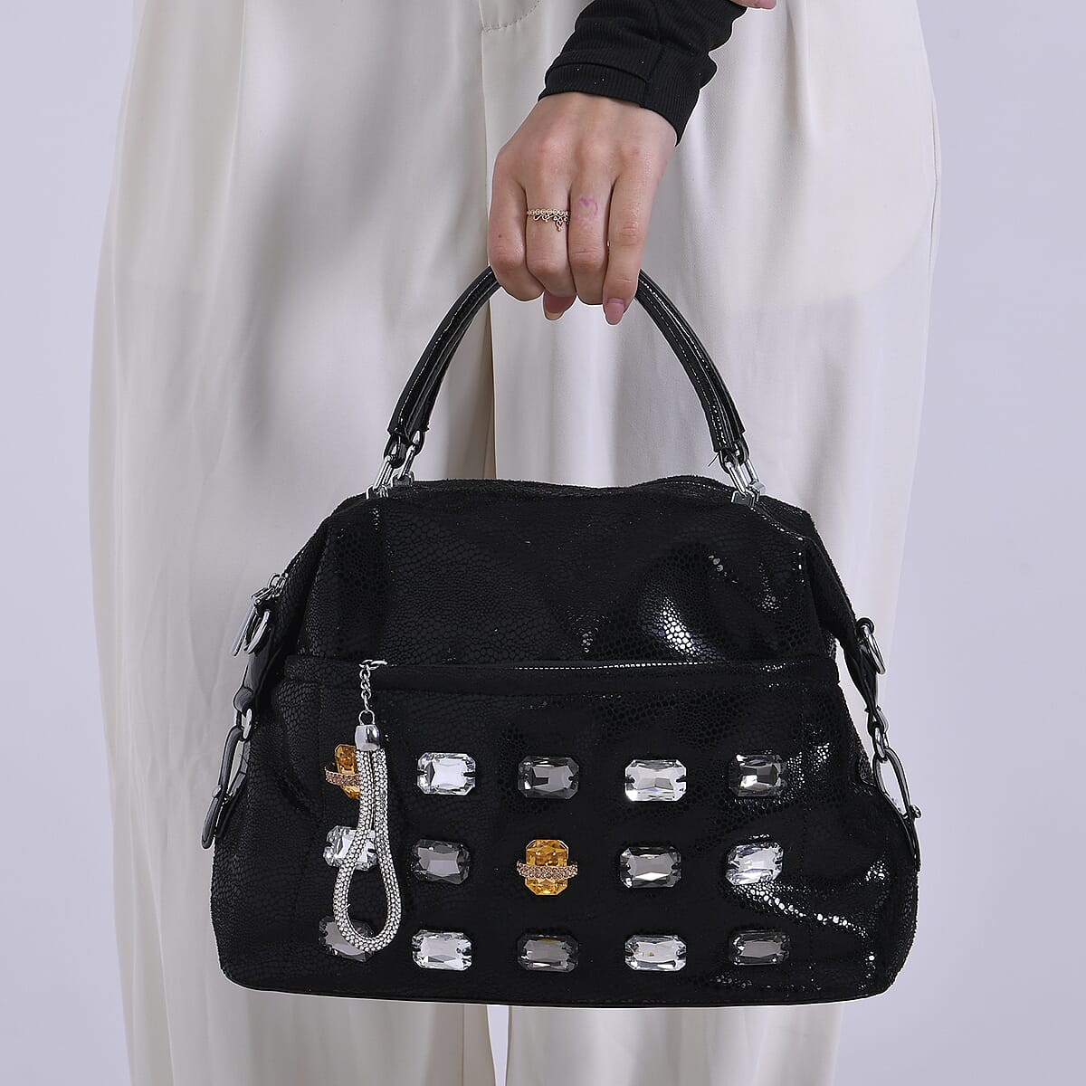 Black Faux Leather Crossbody Bag (11.8x4.92x8.66) with Rhinestone and Shoulder Strap image number 2