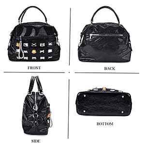 Black Faux Leather Crossbody Bag (11.8x4.92x8.66) with Rhinestone and Shoulder Strap
