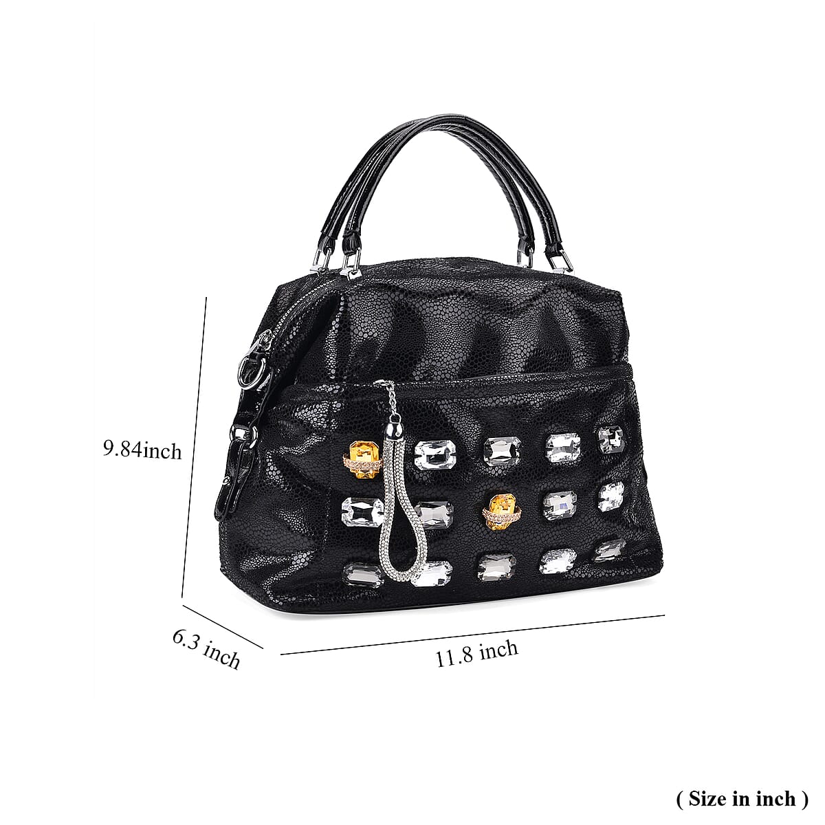 Black Faux Leather Crossbody Bag (11.8x4.92x8.66) with Rhinestone and Shoulder Strap image number 6
