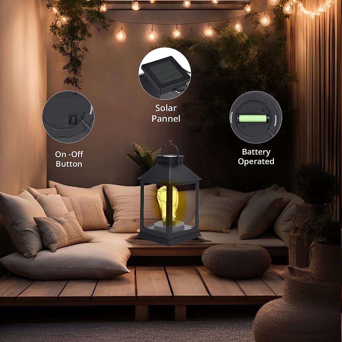 Black LED String Lights Solar Lantern (4.1x4.1x7.3) image number 4
