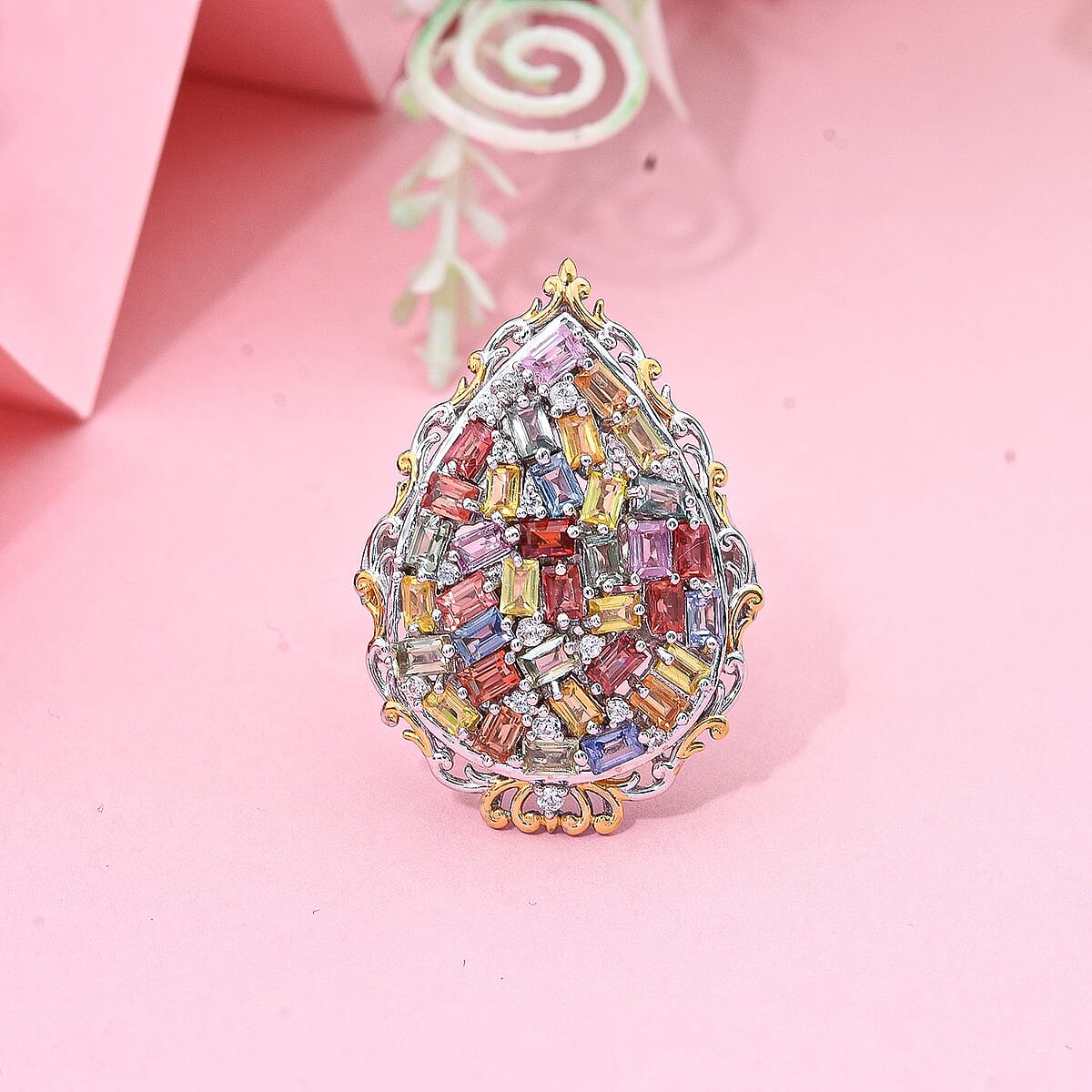 Multi Sapphire and White Zircon 4.00 ctw Prism Blossom Ring in 18K Vermeil YG and Rhodium Over Sterling Silver (Size 10.0) image number 2