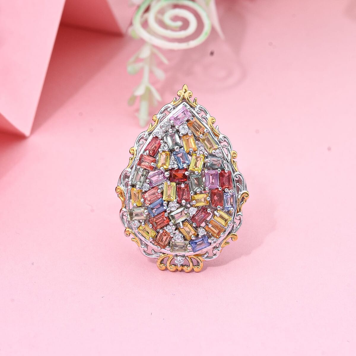 Multi Sapphire and White Zircon 4.00 ctw Prism Blossom Ring in 18K Vermeil YG and Rhodium Over Sterling Silver (Size 7.0) image number 2