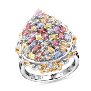 Multi Sapphire and White Zircon 4.00 ctw Ring in 18K Vermeil YG and Rhodium Over Sterling Silver (Size 8.0)