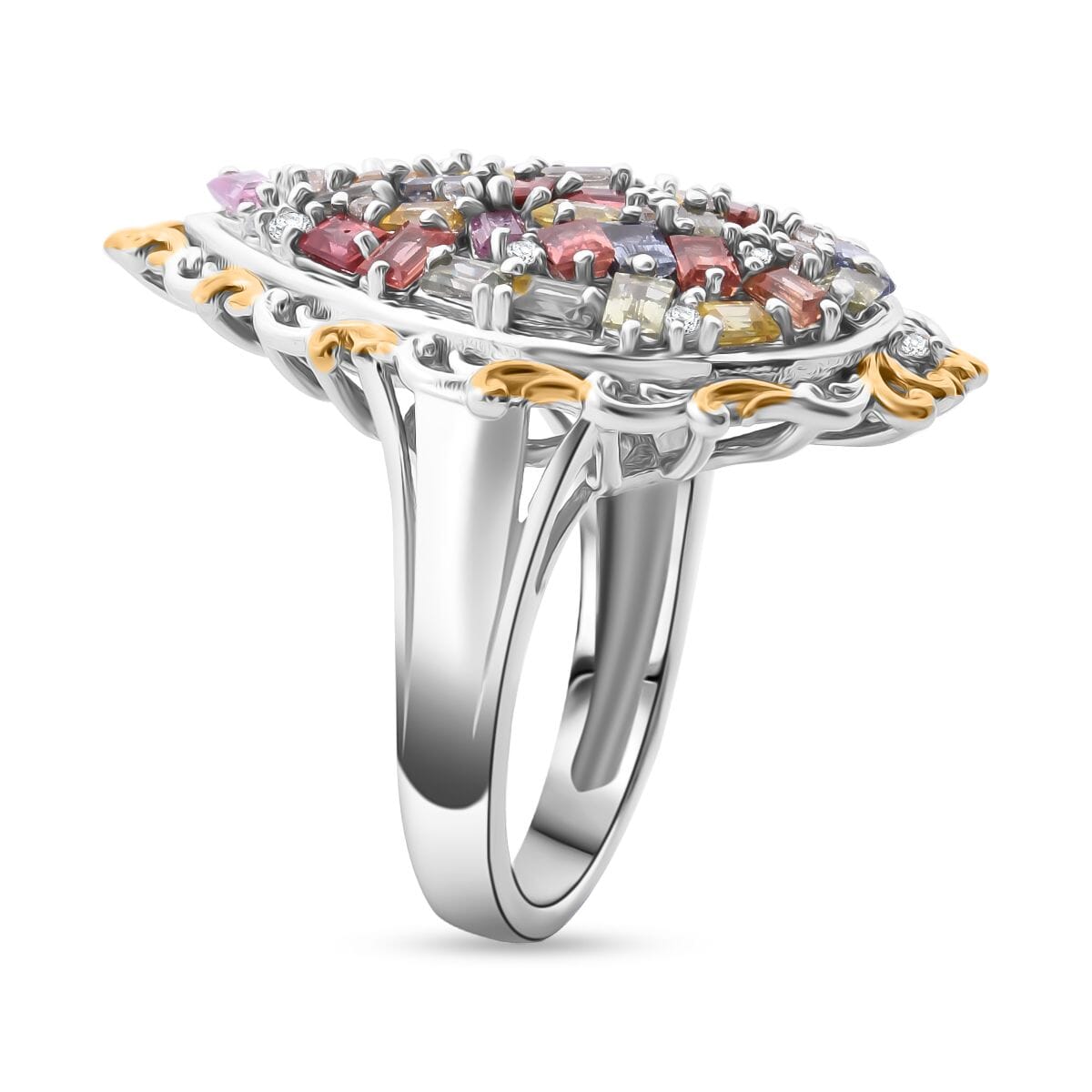 Multi Sapphire and White Zircon 4.00 ctw Prism Blossom Ring in 18K Vermeil YG and Rhodium Over Sterling Silver (Size 9.0) image number 3