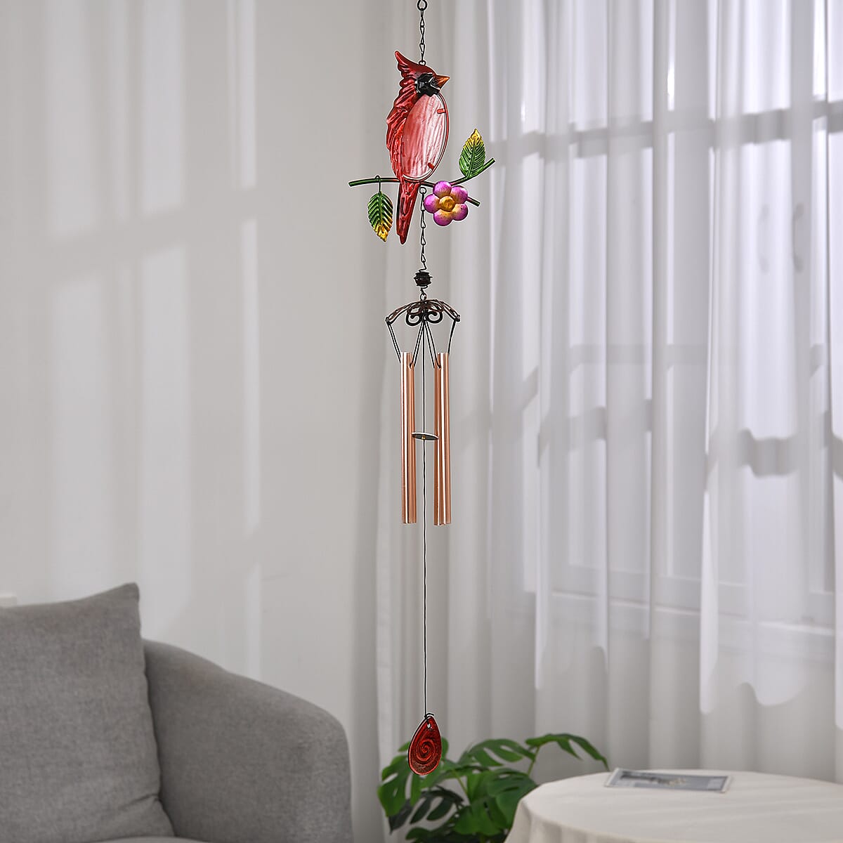 Red with Multi Color Iron and Glass Wind Chime - Bird image number 1