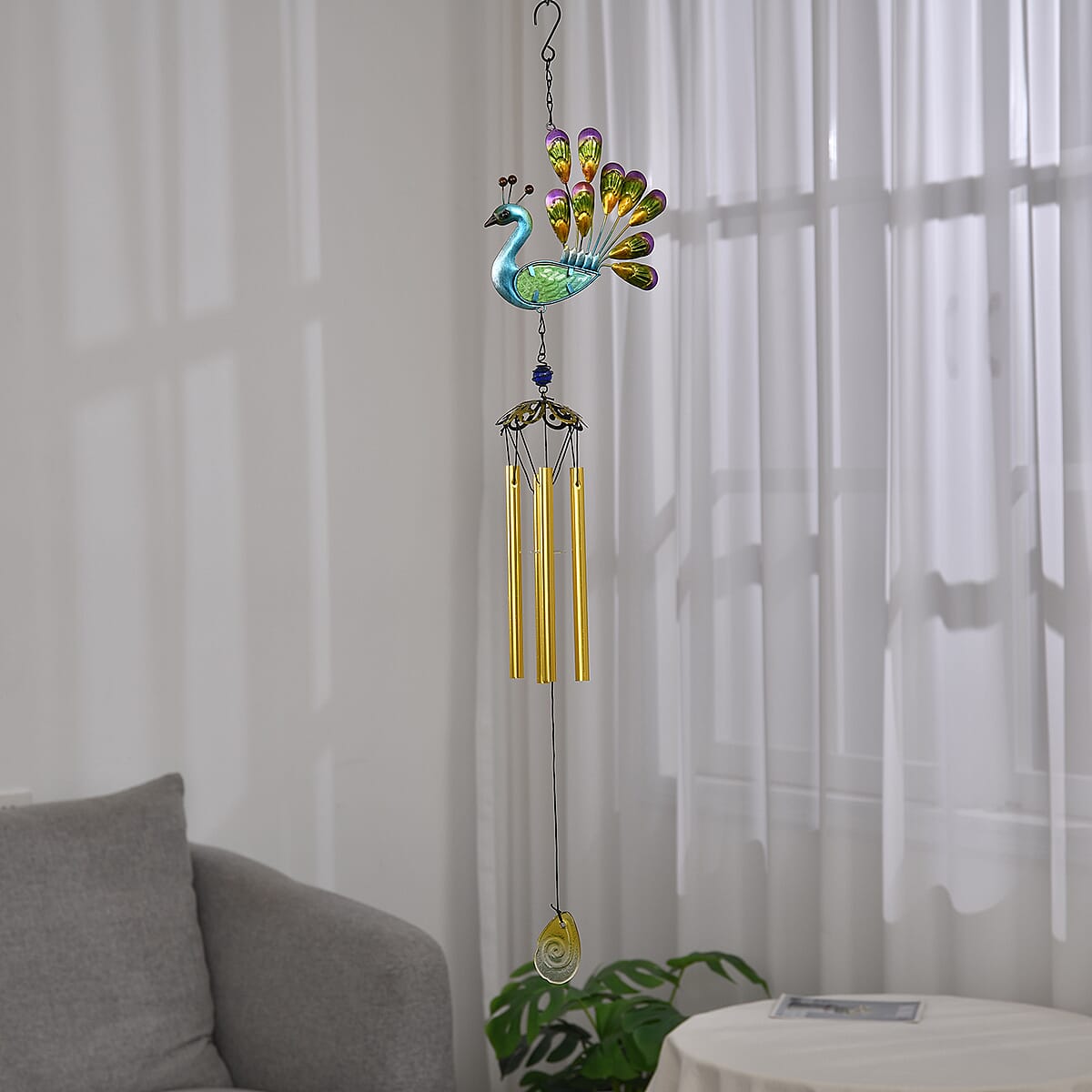 Blue and Yellow with Multi Color Iron and Glass Wind Chime - Peacock image number 1
