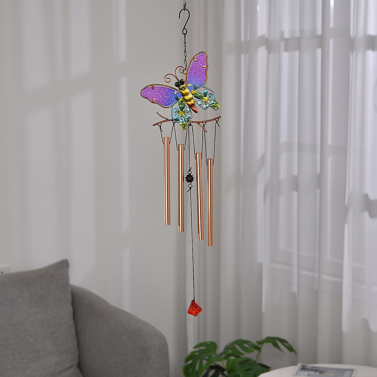 Purple, Blue with Multi Color Iron and Glass Wind Chime - Butterfly image number 1